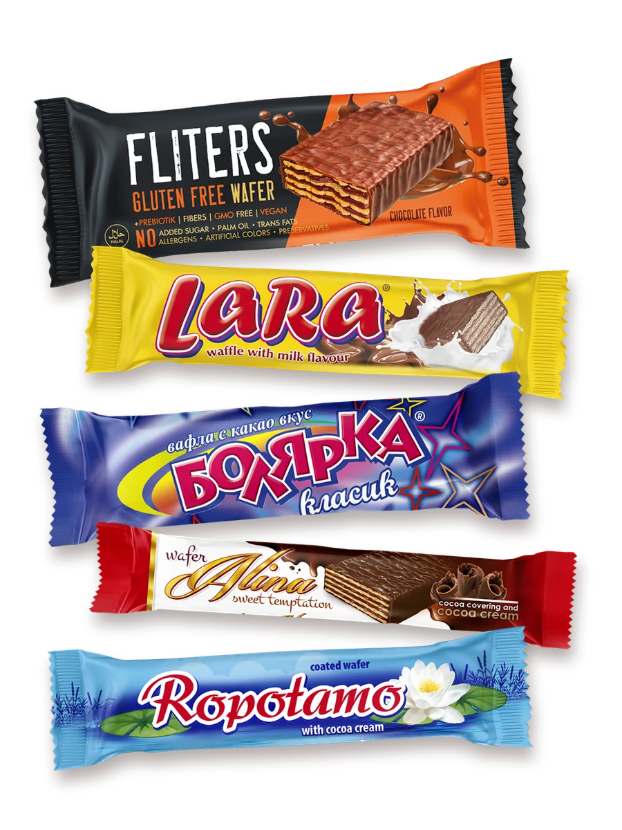Packs of our five brands: Fliters, Lara, Bolyarka, Alina and Ropotamo